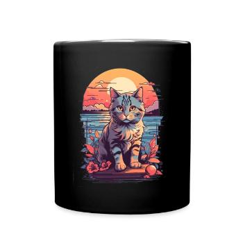 Katzen Motiv Süß, Sonnenuntergangskatze am Meer - Tasse einfarbig - Schwarz - Vorne