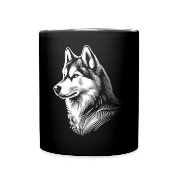 Huskykopf, schwarz-weiß, Hundeschlitten - Tasse einfarbig - Schwarz - Vorne