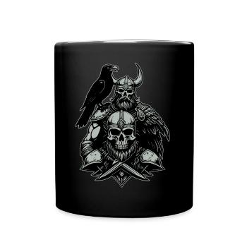 Wikinger mit Schwert und Rabe auf Schädel - Tasse einfarbig - Schwarz - Vorne