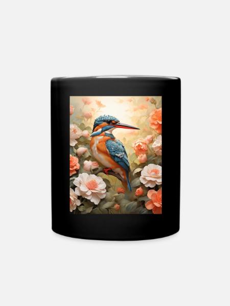 Kingfisher in a sea of flowers - Full Colour Mug - black