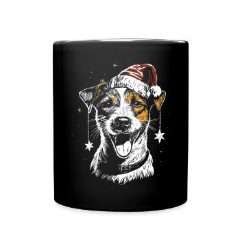 Jack Russell Terrier mit Weihnachtsmütze und Stern - Tasse einfarbig - Schwarz - Vorne
