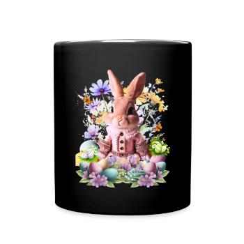 Pink pastel bunny in a sea of flowers - Full Colour Mug - black - Front