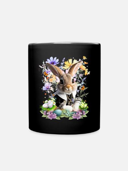 Eleganter Osterhase im Blumenfeld - Tasse einfarbig - Schwarz