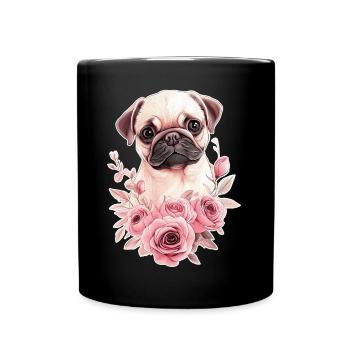 Mops mit Blumen - Tasse einfarbig - Schwarz - Vorne