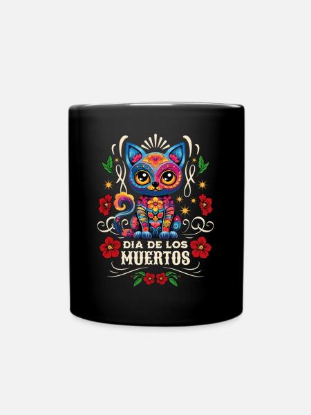 Dia De Los Muertos Meowtos Cat Colorful Flowers - Full Colour Mug - black