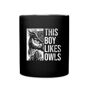 Junge mag süße Eulen, Wildtiere, Vögel, Waldtiere - Tasse einfarbig - Schwarz - Vorne