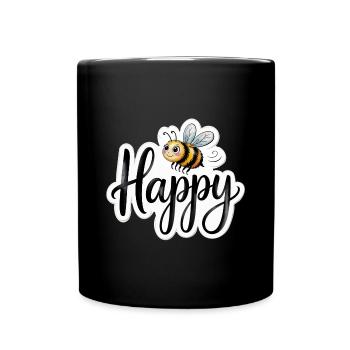 Biene mit Glücksspruch im Handlettering be happy - Tasse einfarbig - Schwarz - Vorne