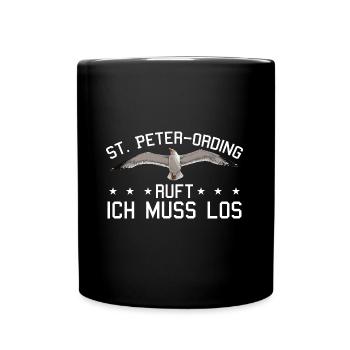 St. Peter-Ording ruft Nordfriesland Seebad Möwe - Tasse einfarbig - Schwarz - Vorne