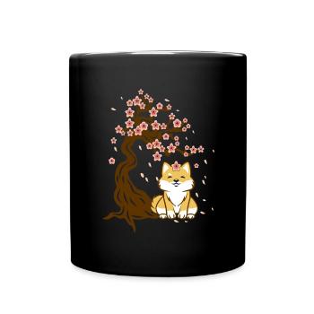 Shiba Inu sous un arbre de fleurs de cerisier Kawaii Chibi - Mug uni - noir - Devant