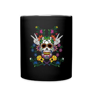 Floral Guitarist Sugar Skull Muertos Day Of Dead - Tasse einfarbig - Schwarz - Vorne