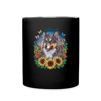 Norwegian Elkhound with Roses, Butterflies - Full Colour Mug - black - Front