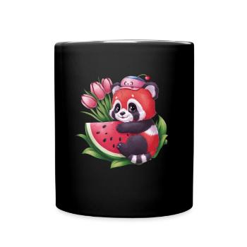 Roter Kawaii Panda mit Melonen und Tulpen - Tasse einfarbig - Schwarz - Vorne