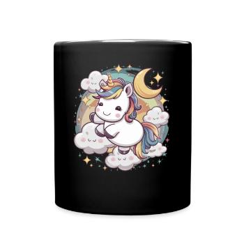 Kawaii Einhorn mit Wolken, Mond und Sternen - Tasse einfarbig - Schwarz - Vorne