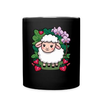 Süßes Kawaii Schaf mit Erdbeeren & Orchideen - Tasse einfarbig - Schwarz - Vorne