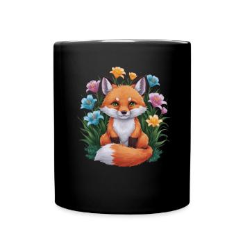 Dessin animé renard kawaii avec des lys colorés - Mug uni - noir - Devant