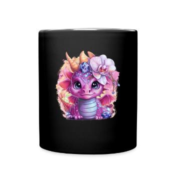 Cartoon Kawaii Dragon with Beautiful Orchids - Full Colour Mug - black - Front