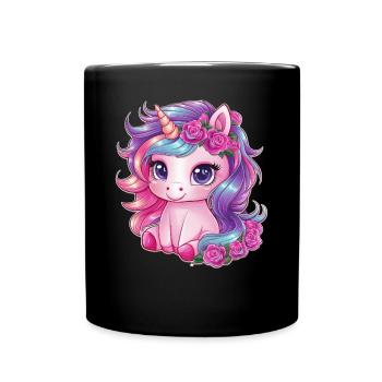 Licorne Kawaii avec des roses - Mug uni - noir - Devant
