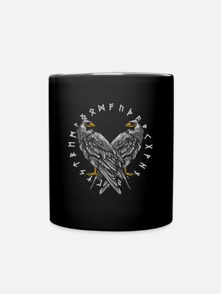 Odin's raven with Futhark circle - Full Colour Mug - black