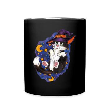 Halloween Katze Magie Magierhut mit Sternen - Tasse einfarbig - Schwarz - Vorne