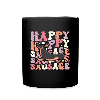 Happy Sausage Dog - Retro Wiener Dog Gift - Full Colour Mug - black - Front