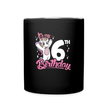 6th Birthday Kids Unicorn Toodler Six - Full Colour Mug - black - Front