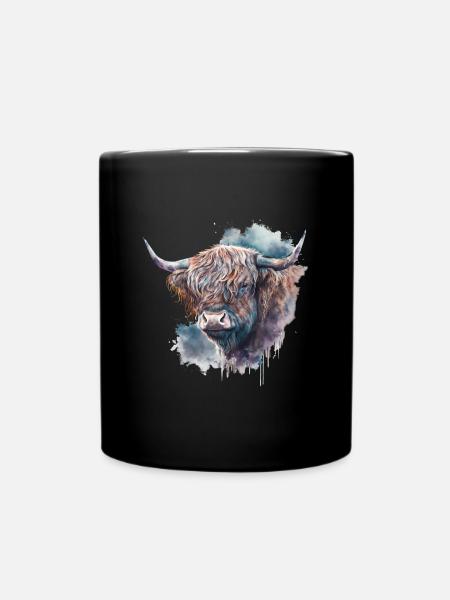 Highland Cattle Watercolor Portrait - Full Colour Mug - black