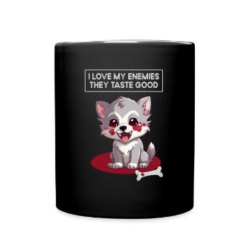 Ich liebe meine Feinde, Humor, Sarkasmus, Wolf - Tasse einfarbig - Schwarz - Vorne