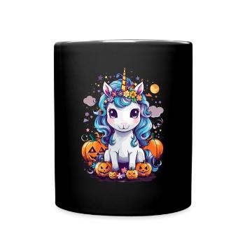 Einhorn Halloween Kürbis Kawaii - Tasse einfarbig - Schwarz - Vorne