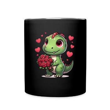 Rose Bouquet T-Rex Romantic Dino Valentine's Day - Full Colour Mug - black - Front