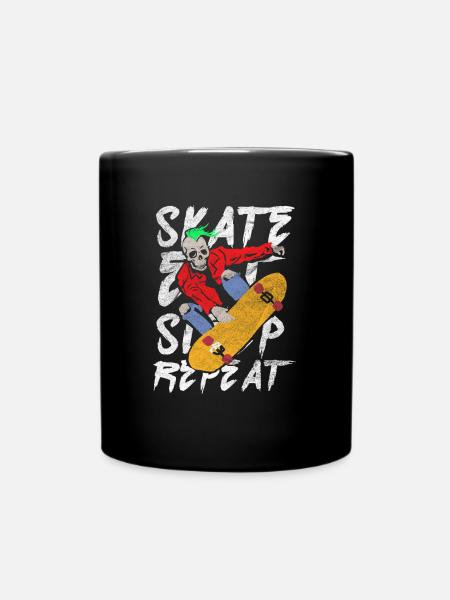 Eat Sleep Repeat Skateboarding Skateboard Skull - Full Colour Mug - black