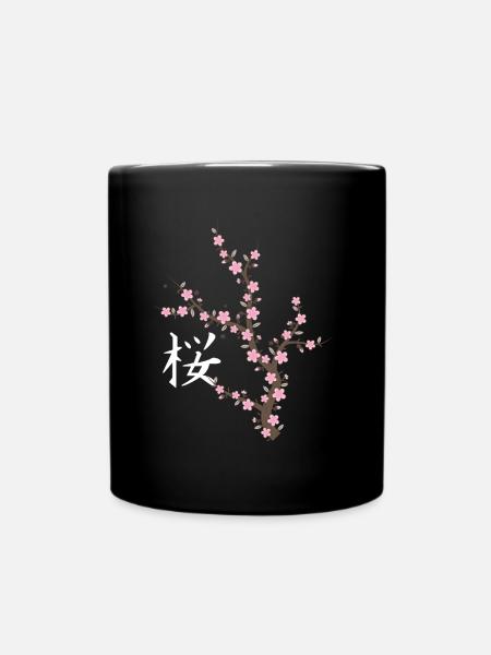 Japanese Cherry Blossom Kawaii - Full Colour Mug - black