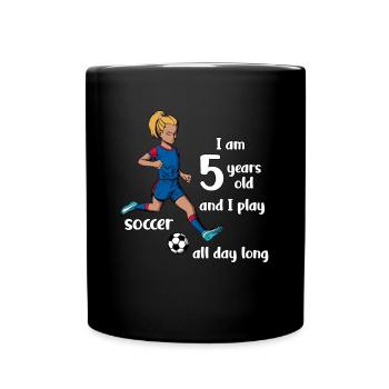 Girl shoots football - I'm 5 years old - Full Colour Mug - black - Front