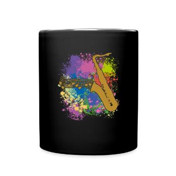 Silhouette de saxophone et notes de musique sur des taches de couleur - Mug uni - noir - Devant