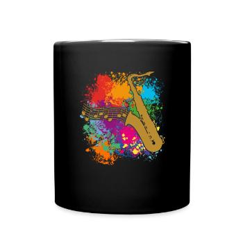 Silhouette de saxophone et notes de musique sur des taches de couleur - Mug uni - noir - Devant