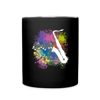 Silhouette de saxophone et notes de musique sur des taches de couleur - Mug uni - noir - Devant