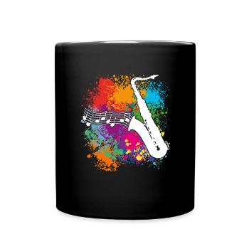 Silhouette de saxophone et notes de musique sur des taches de couleur - Mug uni - noir - Devant