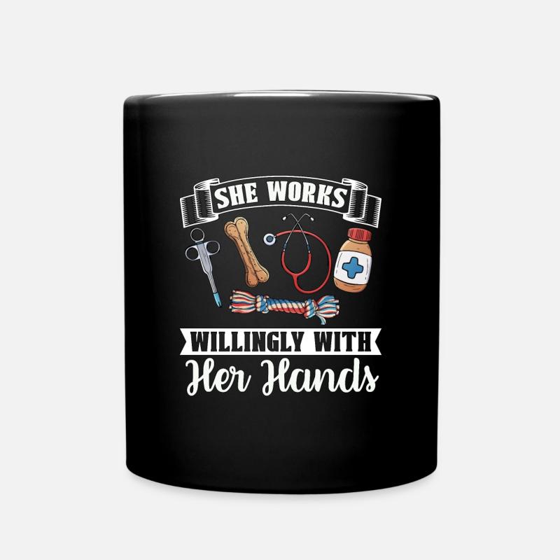 Veterinary She Works Willingly Doctor Veterinarian - Full Colour Mug - black