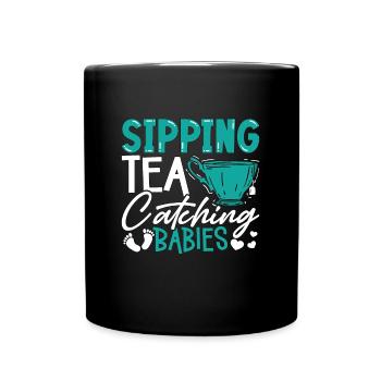 Ob/Gyn Nurse Sipping Tea And Catching Obstetrician - Full Colour Mug - black - Front