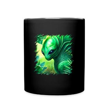 Grüne Aliens, Aliens Und Ufos Im Wald, Weltraum - Tasse einfarbig - Schwarz - Vorne