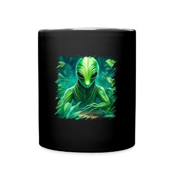 Grüne Aliens, Aliens Und Ufos Im Wald, Weltraum - Tasse einfarbig - Schwarz - Vorne