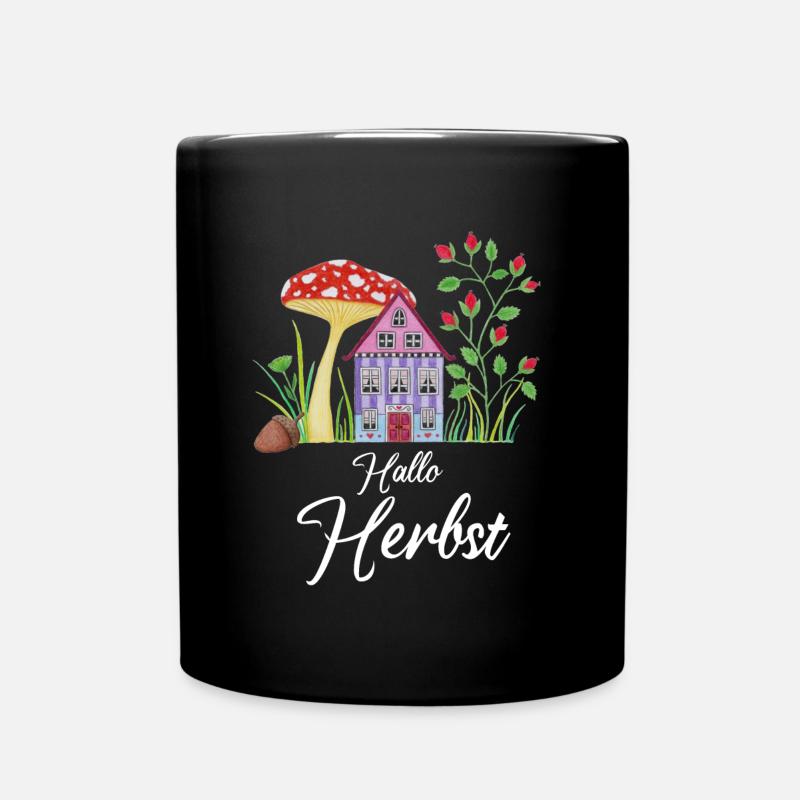 Hello Autumn Toadstool Dwarf House Autumnal - Full Colour Mug - black