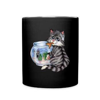 Niedliche Katze Klaut Fisch Fischen Geschenk - Tasse einfarbig - Schwarz - Vorne