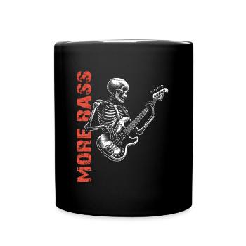 Skelett Skull mit Bassgitarre und Spruch Mehr Bass - Tasse einfarbig - Schwarz - Vorne