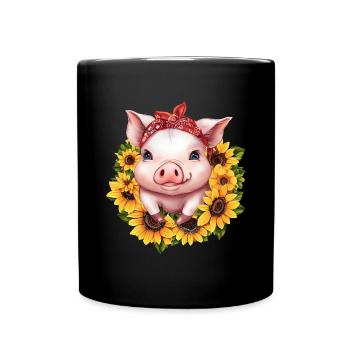 Cochon au bandana et couronne de tournesol, - Mug uni - noir - Devant
