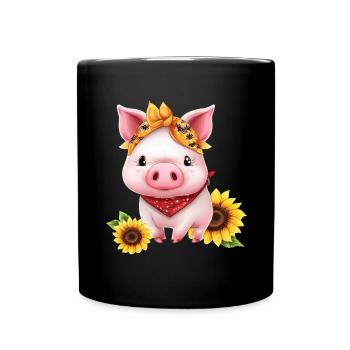 Schwein mit Bandana und Sonnenblume, Charmantes - Tasse einfarbig - Schwarz - Vorne