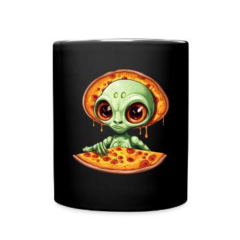 green alien enjoys salami pizza - Full Colour Mug - black - Front