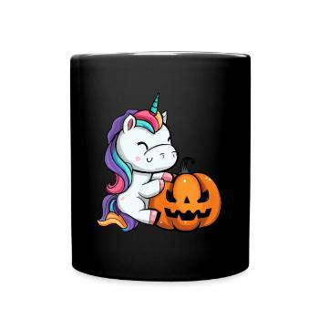 Cute Halloween unicorn with pumpkin - Full Colour Mug - black - Front
