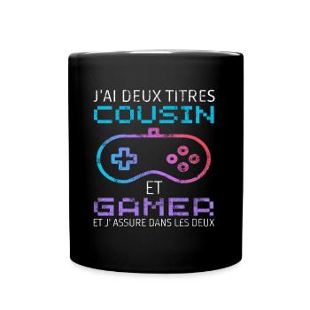 J' ai deux titres cousin et gamer humour gaming - Mug uni - noir - Devant