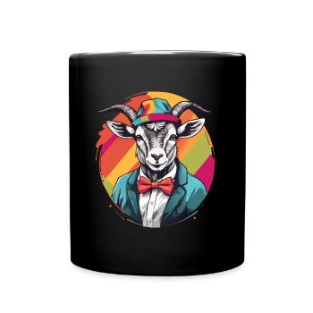 Ziege mit Sakko, Schleife und buntem Hut - Tasse einfarbig - Schwarz - Vorne