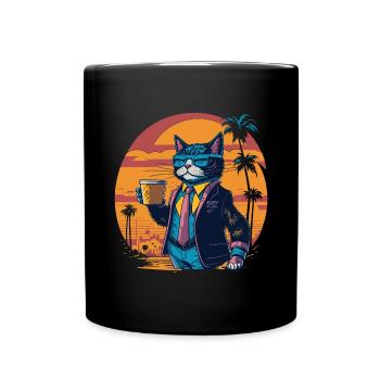 80's illustration of a cat with a coffee cup - Full Colour Mug - black - Front